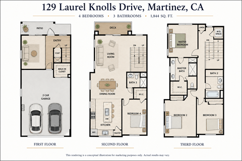 Floor plan for 4 beds, 3 baths, 1844 sqft